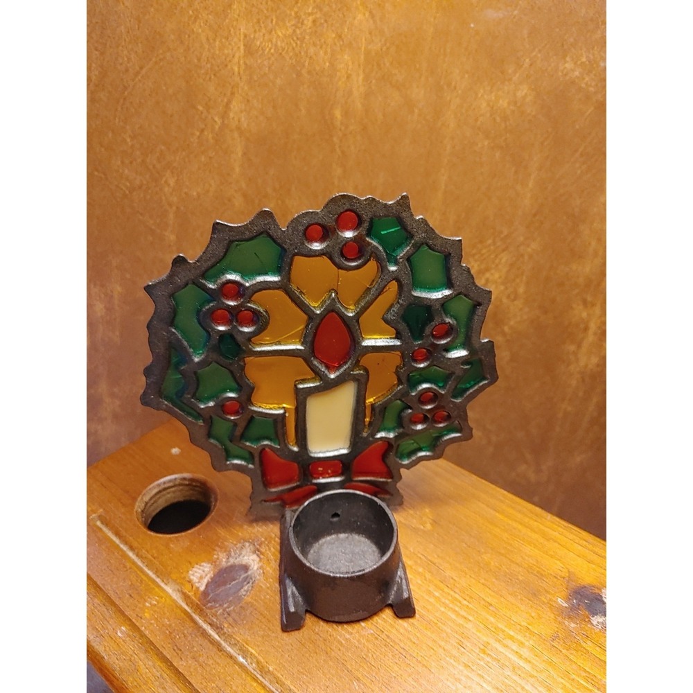 Vintage Stained Glass & Cast-Iron Christmas Tea Light Candle Holder Festive - Picture 3 of 6